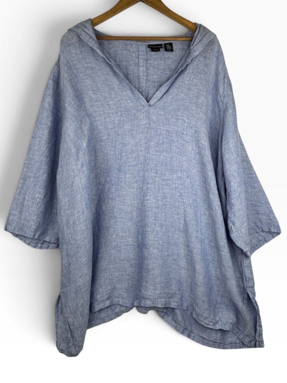 Tabari Light Blue 100% Linen Back Button Detail Hooded V-Neck Tunic 3X